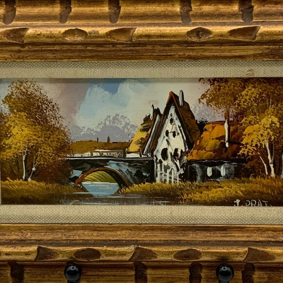 Oil Painting Framed Vintage Signed J. Prat Stone Bridge and Cottage Scene - Picture 1 of 6